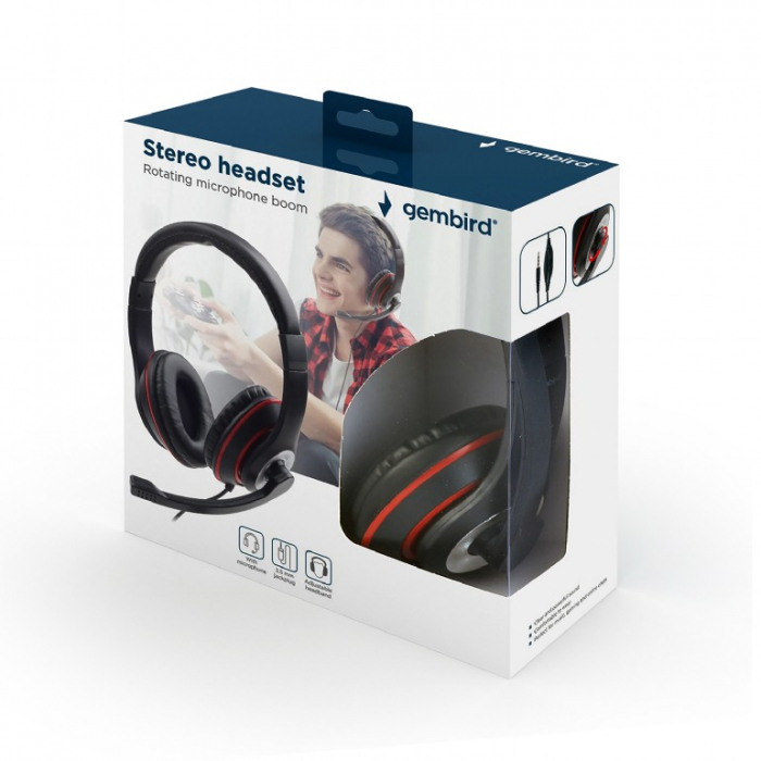 CASTI Gembird, cu fir, standard, utilizare multimedia, call center, microfon pe brat, conectare prin Jack 3.5 mm, red / negru, \\"MHS-03-BKRD\\", (include TV 0.8lei) [5]