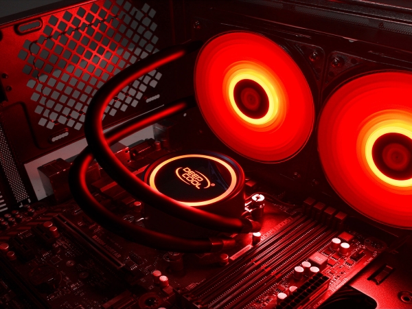 COOLER DeepCool CPU universal. cu LICHID. soc LGA2011(3)/1366/115x & FMx/AM4/AM3x/AM2x, AL+Cu+lichid, 2x 120 red LED fans, 250W, "GAMMAXX L240T RED" [3]