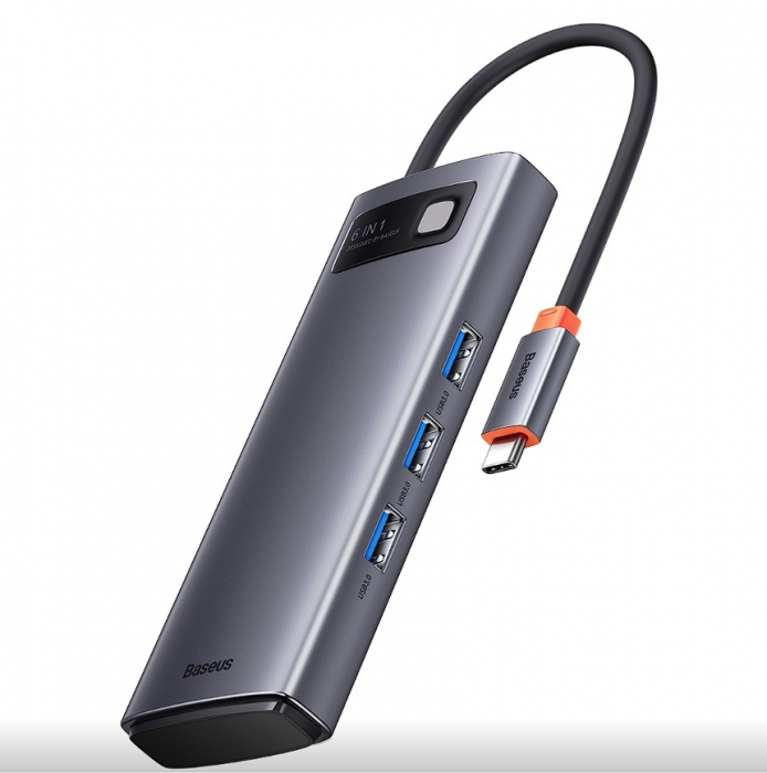 DOCKING Station Baseus Metal Gleam, conectare PC USB Type-C, USB 3.0 x 3, USB Type C x 1 PD 20V/5A, card reader SD/microSD, gri "WKWG030213" (include TV 0.75 lei) - 6932172608231 [2]