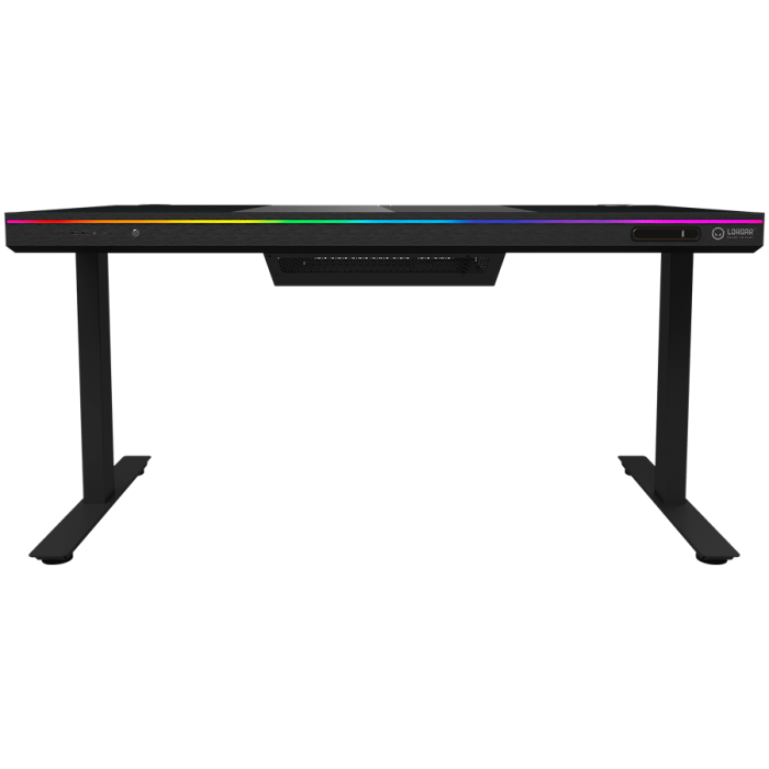 Dual-motor sit/stand adjustable-height gaming desk with built-in PC case, wireless charger, RGB lighting, control panel, and USB ports, tempered glass tabletop, black. [3]