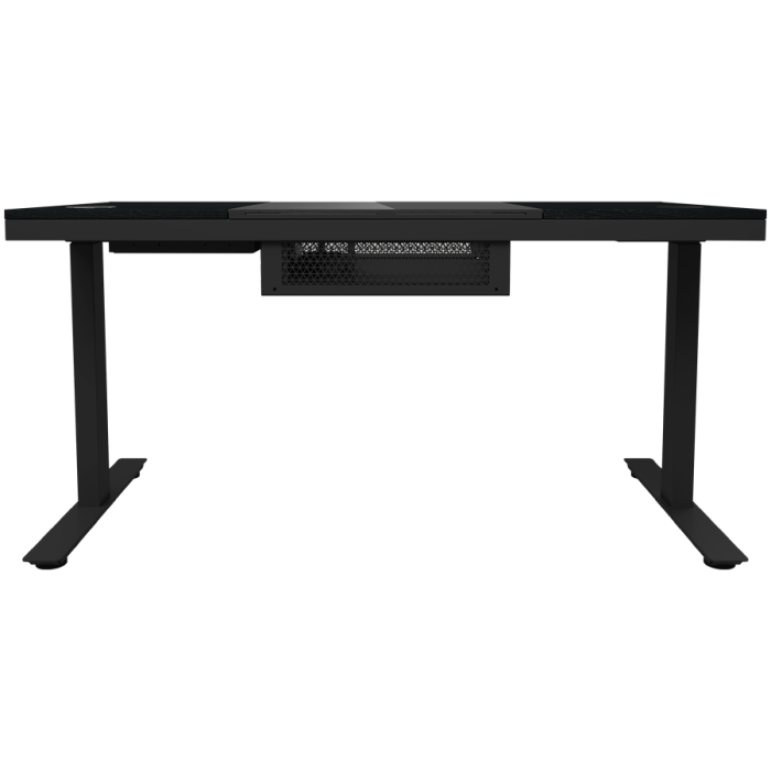 Dual-motor sit/stand adjustable-height gaming desk with built-in PC case, wireless charger, RGB lighting, control panel, and USB ports, tempered glass tabletop, black. [5]