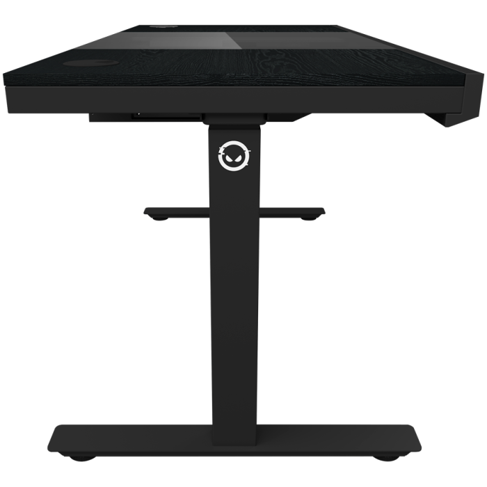 Dual-motor sit/stand adjustable-height gaming desk with built-in PC case, wireless charger, RGB lighting, control panel, and USB ports, wooden tabletop, black. [4]
