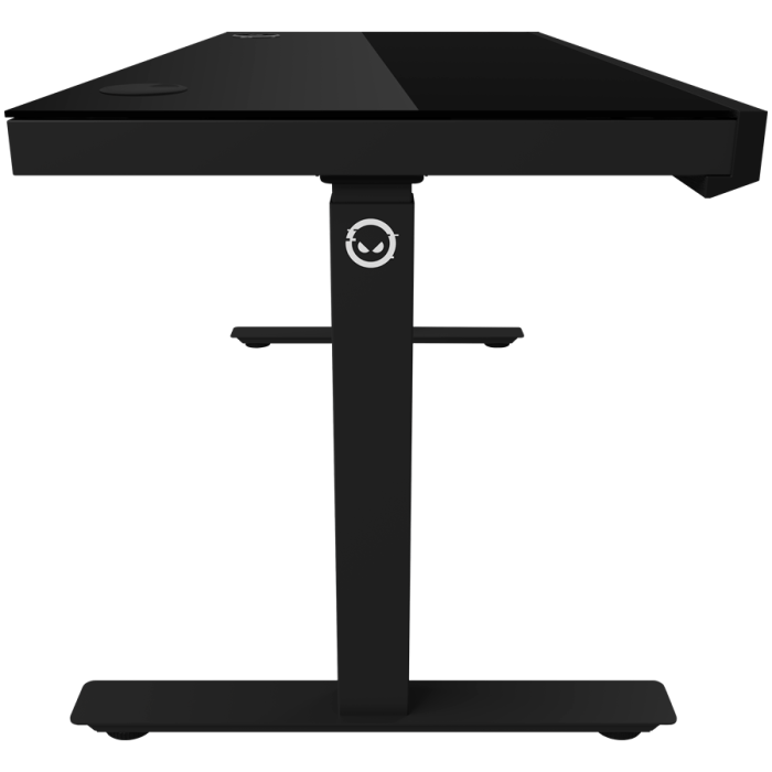 Dual-motor sit/stand adjustable-height gaming desk with wireless charger, RGB lighting, control panel, and USB ports, solid tempered glass tabletop, black. [7]