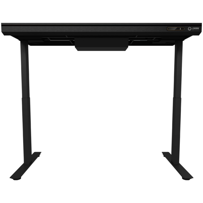 Dual-motor sit/stand adjustable-height gaming desk with wireless charger, RGB lighting, control panel, and USB ports, solid tempered glass tabletop, black. [5]