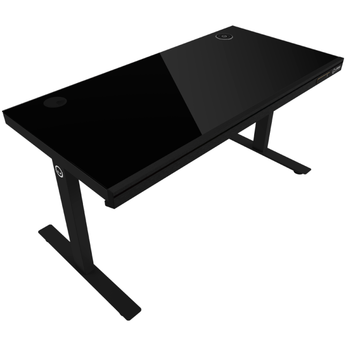 Dual-motor sit/stand adjustable-height gaming desk with wireless charger, RGB lighting, control panel, and USB ports, solid tempered glass tabletop, black. [4]