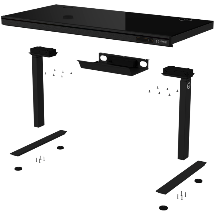 Dual-motor sit/stand adjustable-height gaming desk with wireless charger, RGB lighting, control panel, and USB ports, solid tempered glass tabletop, black. [9]