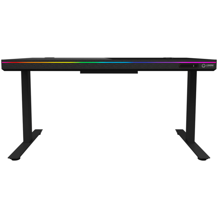Dual-motor sit/stand adjustable-height gaming desk with wireless charger, RGB lighting, control panel, and USB ports, solid tempered glass tabletop, black. [3]