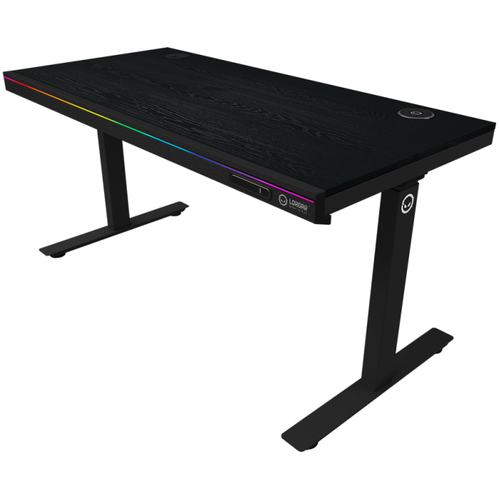 Dual-motor sit/stand adjustable-height gaming desk with wireless charger, RGB lighting, control panel, and USB ports, solid wooden tabletop, black. [2]