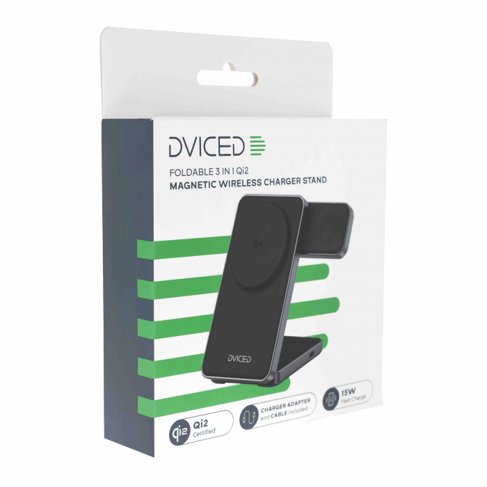Dviced 3-in-1 Foldable Qi2 magnetic wireless charger stand w cable, wall charger - Black [3]