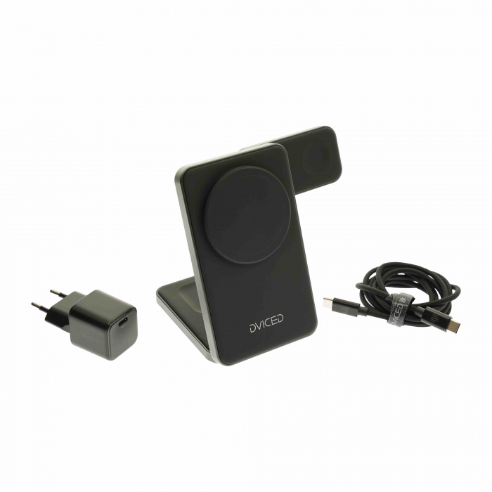 Dviced 3-in-1 Foldable Qi2 magnetic wireless charger stand w cable, wall charger - Black [4]