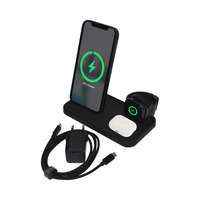 Dviced 3-in-1 magnetic wireless stand w cable, wall charger - Black [3]