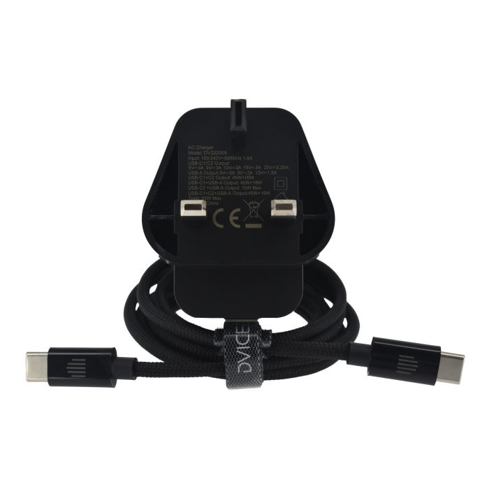 Dviced Wall charger 65W GaN 2 USB-C, 1 USB-A UK w cable - Black [3]