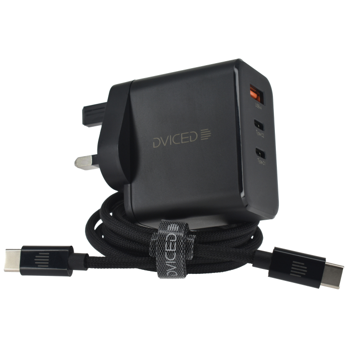 Dviced Wall charger 65W GaN 2 USB-C, 1 USB-A UK w cable - Black [5]