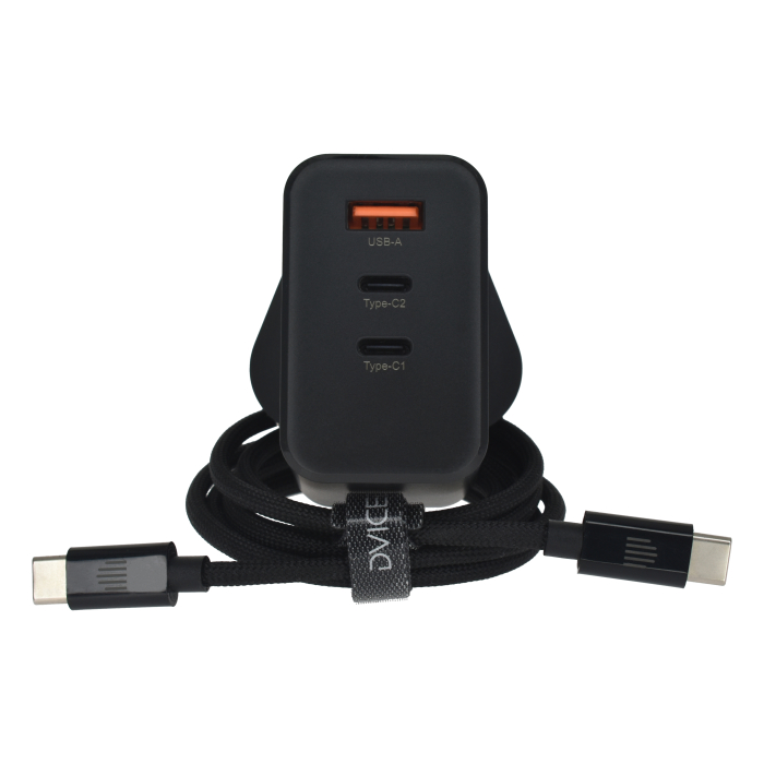 Dviced Wall charger 65W GaN 2 USB-C, 1 USB-A UK w cable - Black [4]