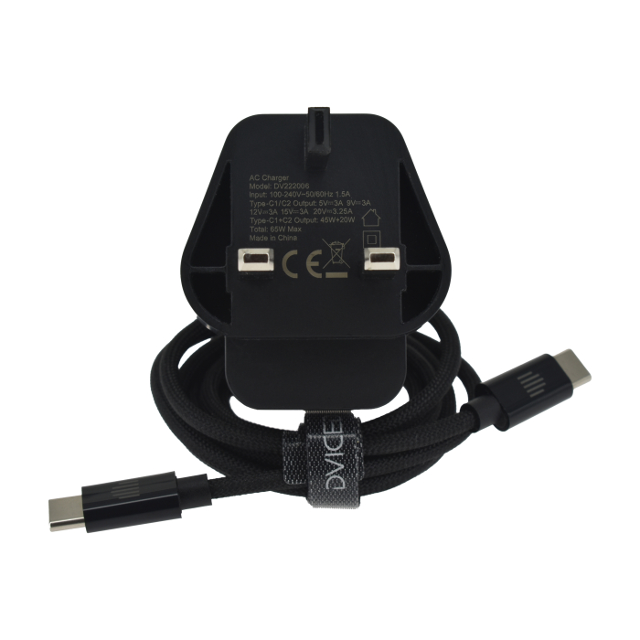 Dviced Wall charger 65W GaN 2 USB-C UK w cable - Black [3]