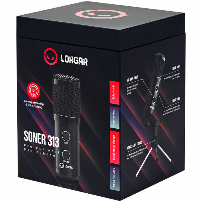 LORGAR Soner 313, Gaming Microphone, USB condenser microphone with Volume Knob & Echo Knob, Frequency Response: 80 Hz—17 kHz, including 1x Microphone, 1 x 2.5M USB Cable, 1 x Tripod Stand, dimensions: [8]