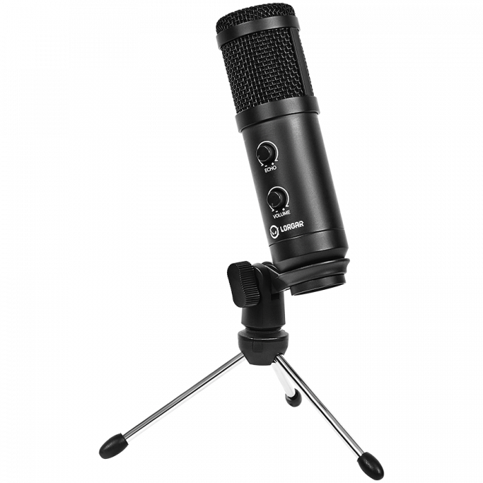 LORGAR Soner 313, Gaming Microphone, USB condenser microphone with Volume Knob & Echo Knob, Frequency Response: 80 Hz—17 kHz, including 1x Microphone, 1 x 2.5M USB Cable, 1 x Tripod Stand, dimensions: [7]