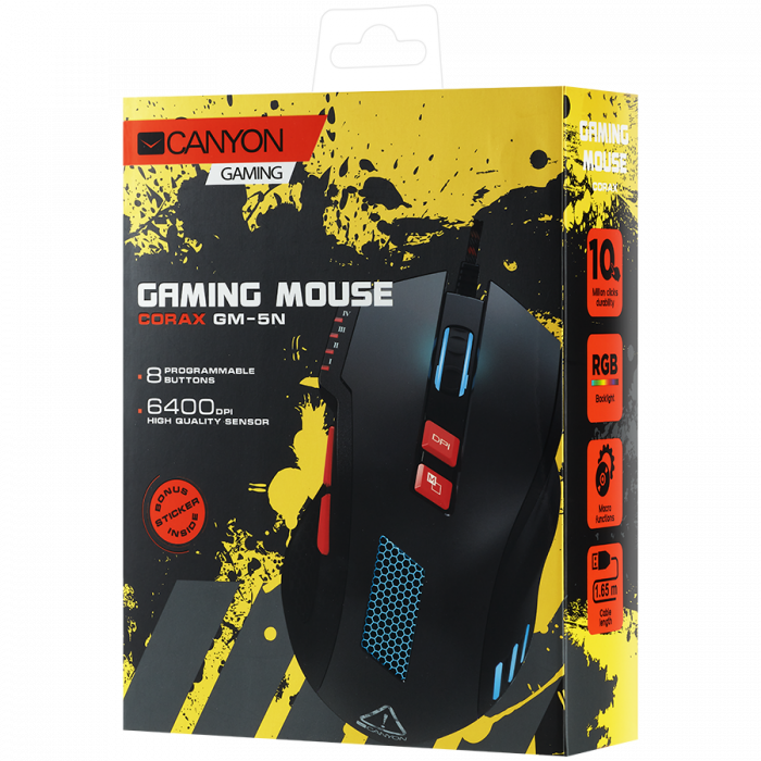 CANYON Wired Gaming Mouse with 8 programmable buttons, sunplus optical 6651 sensor, 4 levels of DPI default and can be up to 6400, 10 million times key life, 1.65m Braided USB cable [6]