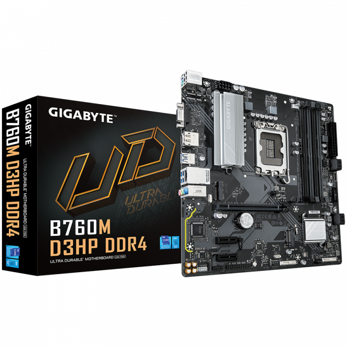 GIGABYTE MB B760M D3HP DDR4 (LGA1700, 4x DDR4 128GB, 1x PCI-E 4.0 x16x16, 2x PCI-E 3.0 x1x1, 2x M.2 PCIe 4.0, 4x SATA, 2x USB 2.0, 1x DP, 1x HDMI, GbE LAN, mATX, Retail) [1]