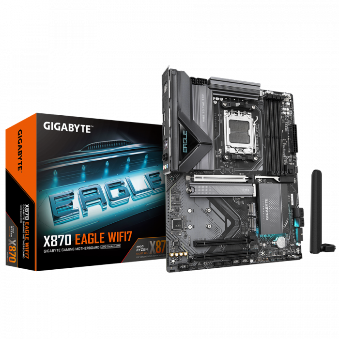 GIGAYBTE Mainboard Desktop X870 EAGLE WIFI7 (AM5, 4x DDR5 256GB, 1x PCI-E 5.0 x16x16, 2x PCI-E 3.0 x16x1, 1x PCI-E M.2, 2x M.2, 4x SATA, 2x USB4 Type-C DP, 4x USB 3.2, 1x HDMI, WiFi7, 2.5GbE LAN, ATX) [1]