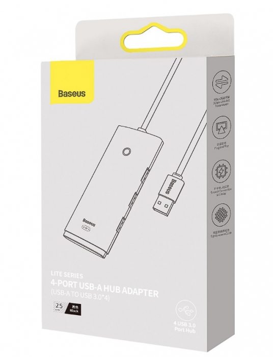 HUB extern Baseus Lite, porturi USB: USB 3.0 x 4, conectare prin USB 3.0, lungime 0.25m, negru, "WKQX030001" (include TV 0.8lei) - 6932172606183 [3]