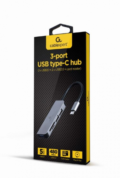 HUB extern GEMBIRD, porturi USB: USB 3.1 x 1, USB 2.0 x 2, conectare prin USB Type-C, suport SD / MicroSD, argintiu, "UHB-CM-CRU3P1U2P2-01" (include TV 0.8lei) [2]