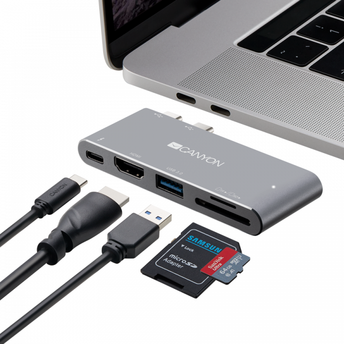 CANYON DS-5 Multiport Docking Station with 5 port, with Thunderbolt 3 Dual type C male port, 1*Thunderbolt 3 female+1*HDMI+1*USB3.0+1*SD+1*TF. Input 100-240V, Output USB-C PD100W&USB-A 5V/1A, Aluminiu [4]