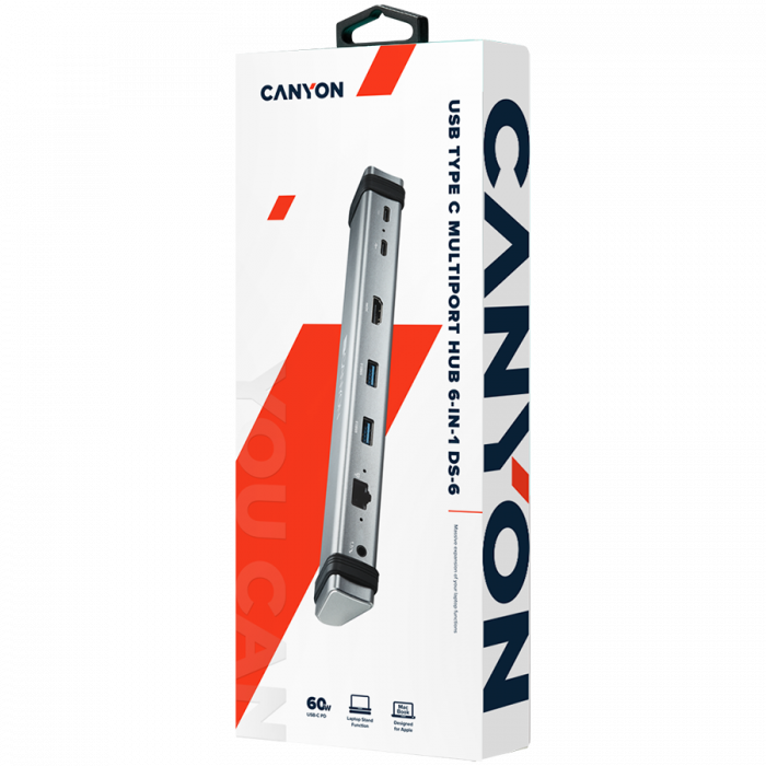 CANYON DS-6 Multiport Docking Station with 7 ports: 2*Type C+1*HDMI+2*USB3.0+1*RJ45+1*audio 3.5mm, Input 100-240V, Output USB-C PD 5-20V/3A&USB-A 5V/1A, with type c to type c cabel 0.3m, Space gray, 2 [4]
