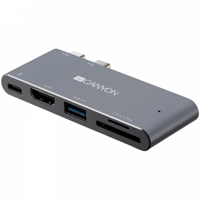 CANYON DS-5 Multiport Docking Station with 5 port, with Thunderbolt 3 Dual type C male port, 1*Thunderbolt 3 female+1*HDMI+1*USB3.0+1*SD+1*TF. Input 100-240V, Output USB-C PD100W&USB-A 5V/1A, Aluminiu [2]