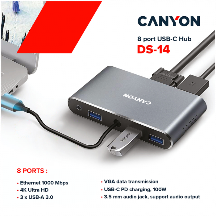 CANYON  8 in 1 USB C hub, with 1*HDMI: 4K*30Hz, 1*VGA, 1*Type-C PD charging port, Max 100W PD input. 3*USB3.0,transfer speed up to 5Gbps. 1*Glgabit Ethernet, 1*3.5mm audio jack, cable 15cm, Aluminum a [4]