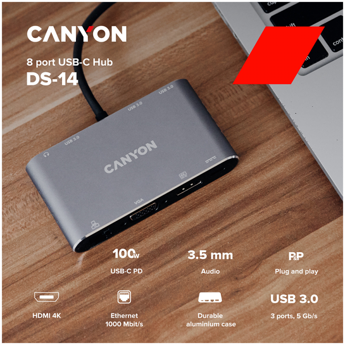 CANYON  8 in 1 USB C hub, with 1*HDMI: 4K*30Hz, 1*VGA, 1*Type-C PD charging port, Max 100W PD input. 3*USB3.0,transfer speed up to 5Gbps. 1*Glgabit Ethernet, 1*3.5mm audio jack, cable 15cm, Aluminum a [3]