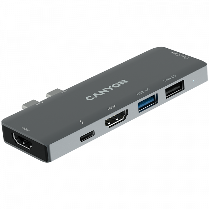 CANYON DS-5, Multiport Docking Station with 7 port, 1*Type C PD100W+2*HDMI+1*USB3.0+1*USB2.0+1*SD+1*TF. Input 100-240V, Output USB-C PD100W&USB-A 5V/1A, Aluminum alloy, Space gray, 104*42*11mm, 0.046k [3]