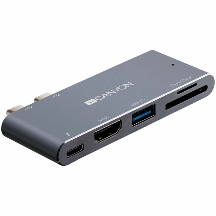 CANYON DS-5 Multiport Docking Station with 5 port, with Thunderbolt 3 Dual type C male port, 1*Thunderbolt 3 female+1*HDMI+1*USB3.0+1*SD+1*TF. Input 100-240V, Output USB-C PD100W&USB-A 5V/1A, Aluminiu [3]