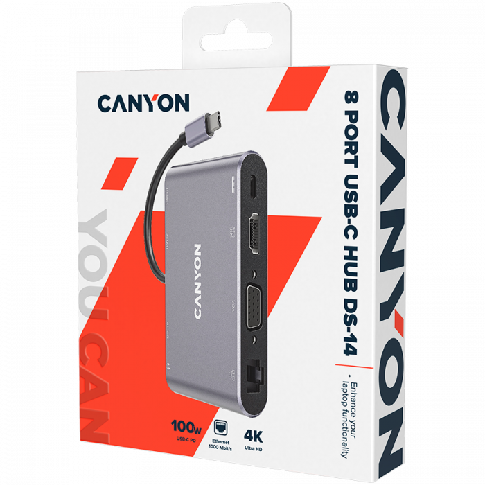 CANYON  8 in 1 USB C hub, with 1*HDMI: 4K*30Hz, 1*VGA, 1*Type-C PD charging port, Max 100W PD input. 3*USB3.0,transfer speed up to 5Gbps. 1*Glgabit Ethernet, 1*3.5mm audio jack, cable 15cm, Aluminum a [2]