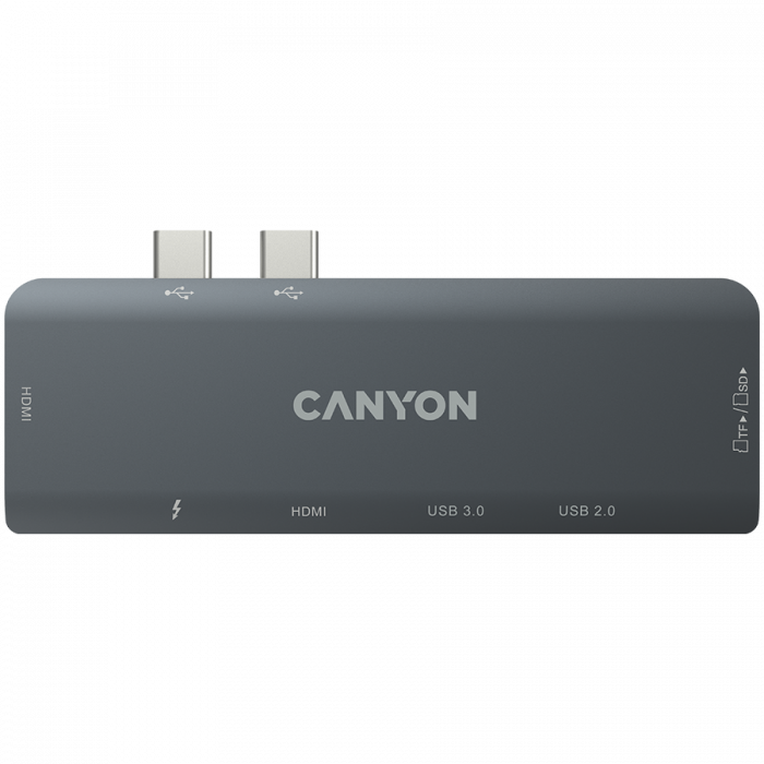 CANYON DS-5, Multiport Docking Station with 7 port, 1*Type C PD100W+2*HDMI+1*USB3.0+1*USB2.0+1*SD+1*TF. Input 100-240V, Output USB-C PD100W&USB-A 5V/1A, Aluminum alloy, Space gray, 104*42*11mm, 0.046k [4]