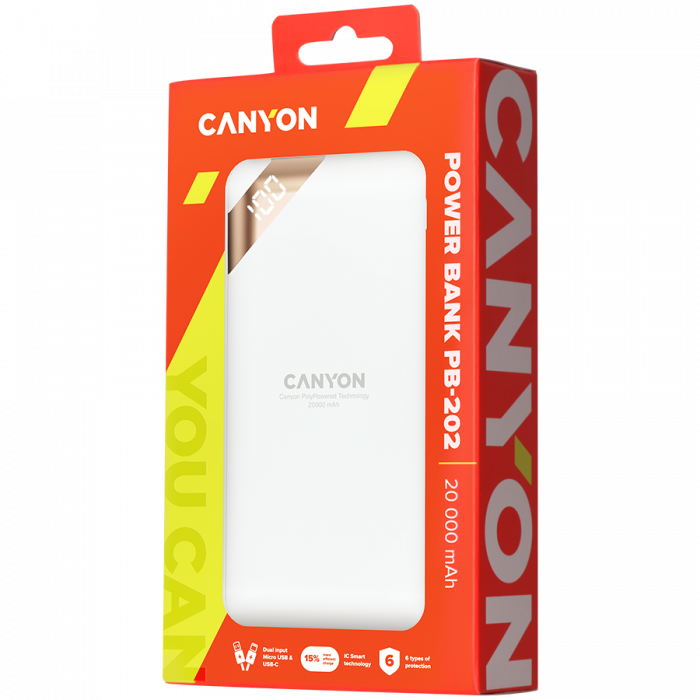 CANYON PB-202, Power bank 20000mAh Li-poly battery, Input 5V/2A, Output 5V/2.1A(Max), with Smart IC and power display, White, USB cable length 0.25m, 137*67*25mm, 0.360Kg [4]