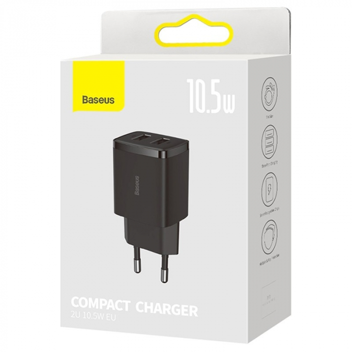 INCARCATOR retea Baseus Compact,10.5W, 2 x USB 5V/2.1A, negru "CCXJ010201" (include TV 0.8lei) - 6932172606909 [3]