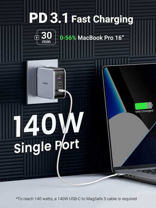 INCARCATOR retea Ugreen, Nexode "CD289" Quick Charge 140W GaN, 1 x USB, 2 x USB Tpe-C, negru "90549" (include timbru verde 0.75 lei) - [3]
