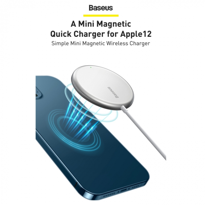 INCARCATOR wireless Baseus Simple mini magnetic Qi 15W, incarcare MagSafe iPhone 12 Mini / 12 / 12 Pro / 12 Pro Max, material aluminiu, cablu Type-C la USB de 1.2m inclus , alb \\"WXJK-F02\\" [3]