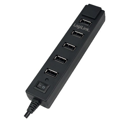 HUB USB extern, conectori iesire: 7x USB 2.0 si intrare: 1x USB 2.0, buton ON/OFF si alimentator priza inclus, Negru, LOGILINK  [1]