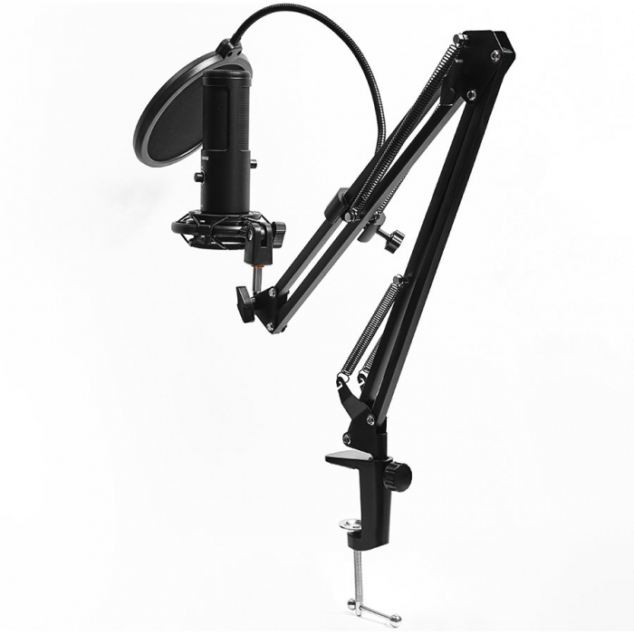 LORGAR Gaming Microphones, Black, USB condenser microphone with boom arm stand, pop filter, tripod stand. including 1* microphone, 1*Boom Arm Stand with C-clamp, 1*shock mount, 1*pop filter, 1*windscr [4]
