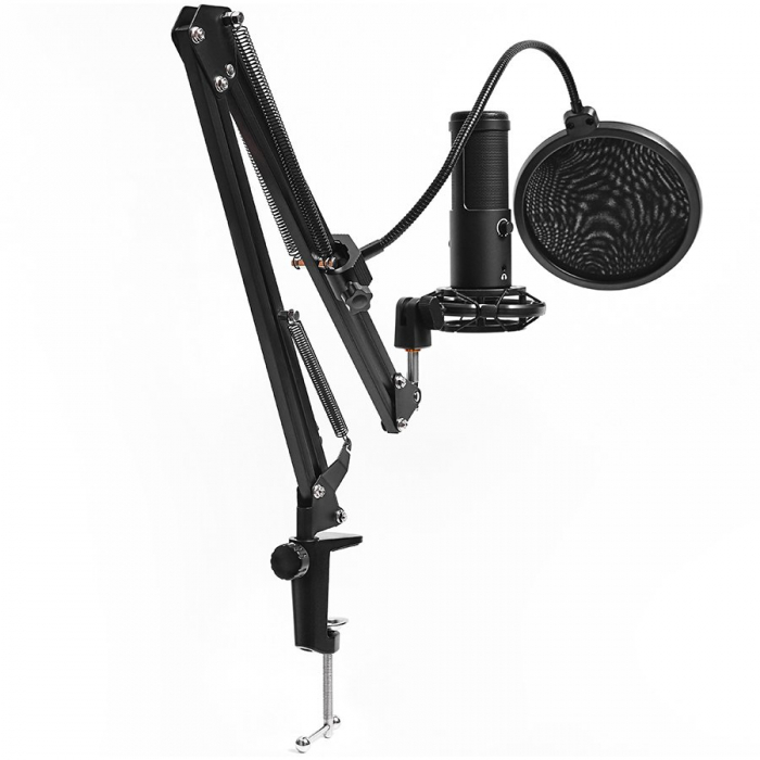 LORGAR Gaming Microphones, Black, USB condenser microphone with boom arm stand, pop filter, tripod stand. including 1* microphone, 1*Boom Arm Stand with C-clamp, 1*shock mount, 1*pop filter, 1*windscr [3]