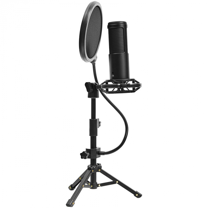 LORGAR Voicer 721, Gaming Microphone, Black, USB condenser microphone with tripod stand and pop filter, including 1 microphone, 1 metal tripod, 1 plastic shock mount, 1 windscreen cap, 2m USB Type C c [3]