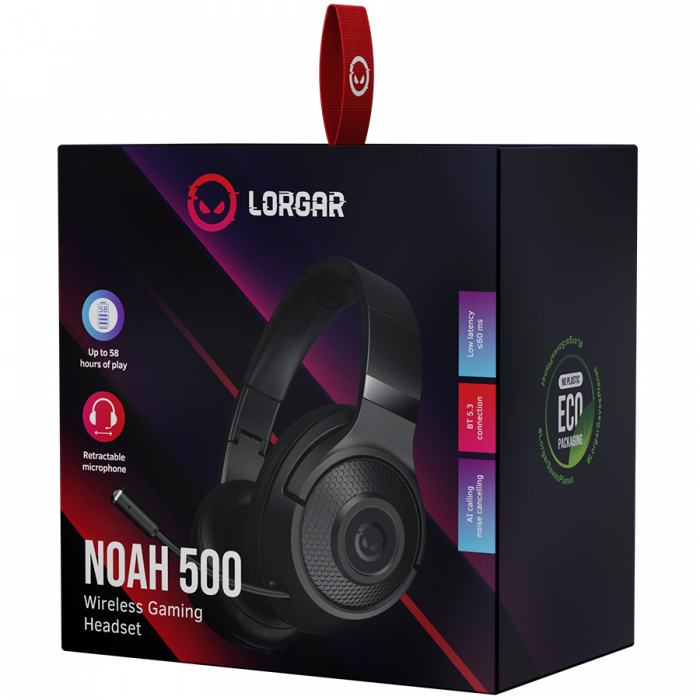 LORGAR Noah 500, Wireless Gaming headset with microphone, JL7006, BT 5.3, battery life up to 58 h (1000mAh), USB (C) charging cable (0.8m), 3.5 mm AUX cable (1.5m), size: 195*185*80mm, 0.24kg, black [5]
