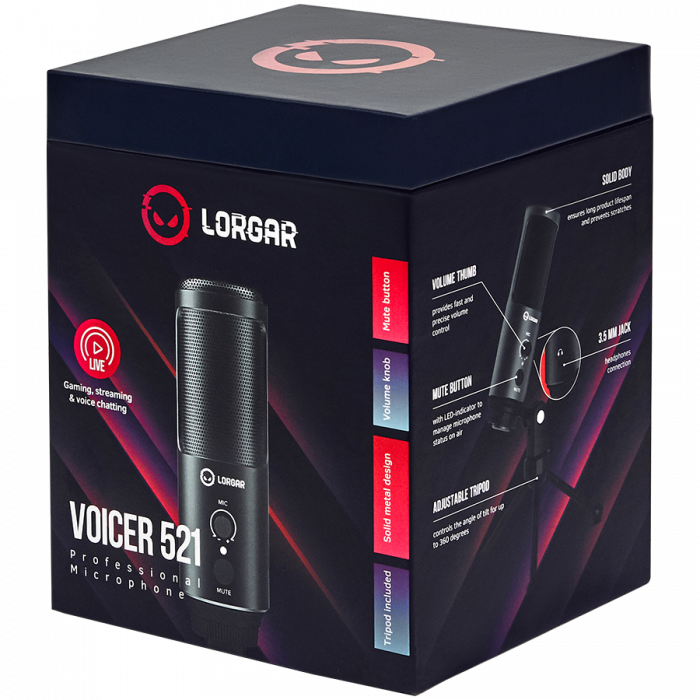 LORGAR Voicer 521, Gaming Microphone, Black, USB condenser mic with Volume Knob, 3.5MM headphonejack, mute button and led indicator, package including 1x F5 Microphone, 1 x 2M type-C USB Cable, 1 xTri [5]