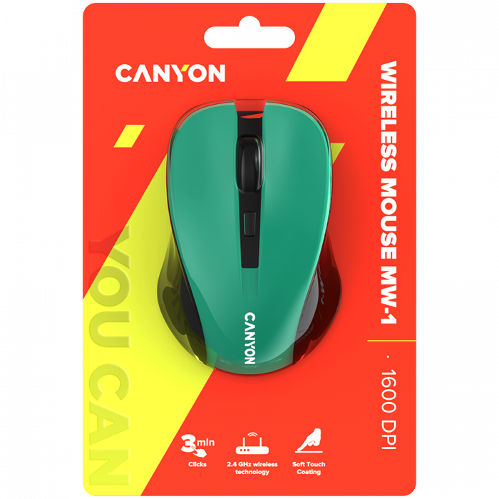 CANYON MW-1 2.4GHz wireless optical mouse with 4 buttons, DPI 800/1200/1600, Green, 103.5*69.5*35mm, 0.06kg [6]