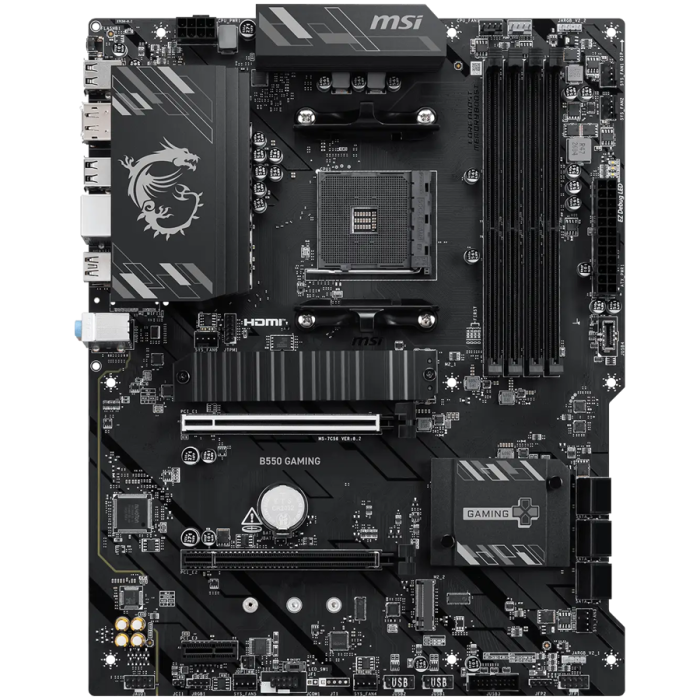 MSI B550 GAMING, ATX, Socket AM4, 4x DDR4 Dual Channel up to 4866+(OC)MHz, 2x PCIe x16 slots, 2x M.2 slots, 2x USB 3.2 Gen 2 (1x Type-C), 2x USB 3.2 Gen 1, 4x USB 2.0, 1x HDMI, 1x DP, 1G LAN, 7.1 HD A [1]