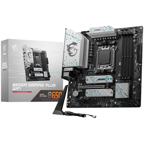 MSI B650M GAMING PLUS WIFI, mATX, AMD Ryzen Dual Channel DDR5 7200+(OC)MHz, 1x PCIe x16 slot, 2x PCI-Ex1 slots, 1x HDMI, 1x DP, 4x USB 5Gbps Type A, 3xUSB 10GBps Type A, 1xUSB 10Gbps Type C, 7.1 HD Au [1]