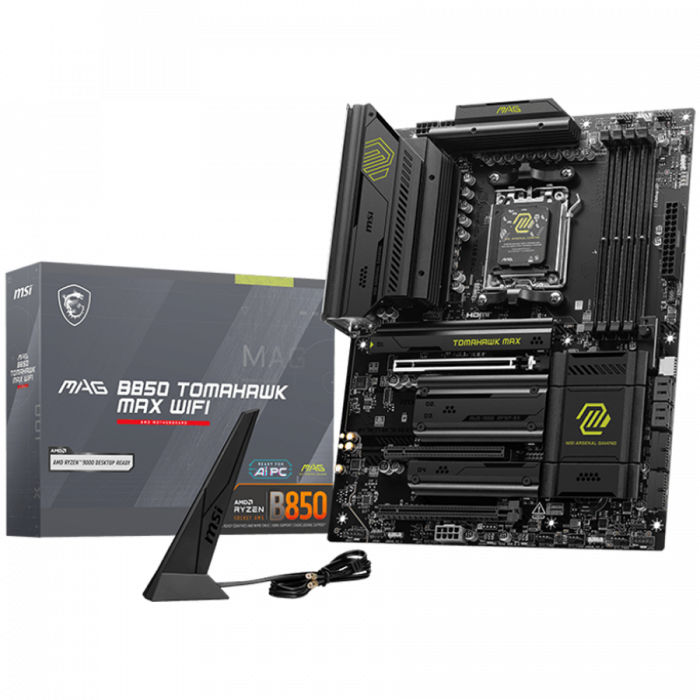 MSI MAG B850 TOMAHAWK MAX WIFI, ATX, Socket AM5, 4x DDR5 Dual Channel DDR5 up to 8400(OC)MHz, 3x PCIe 3.0 x16 slot, 4x M.2 slot, 4x USB 2.0, 1x USB 5Gbps, 2x USB 10Gbps, 3x USB 10Gbps Type-C, HDMI, 7. [1]