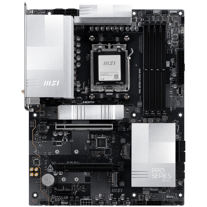 MSI Main Board PRO X870E-S EVO WIFI (AM5,4xDDR5,1xHDMI, 1xDP TypeC,2x PCI-E x16, 1x PCI-E x1, 3x M.2, 4x SATA 6G, 5GLAN, Wi-Fi 7) ATX [1]